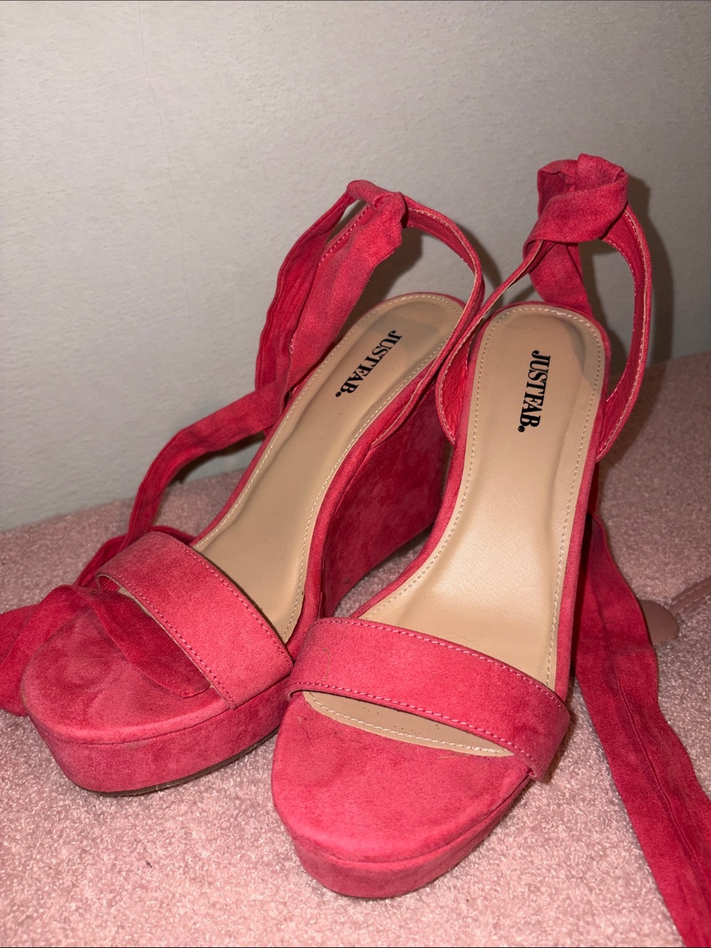 JustFab Coral Red Suede Platform Tie-Wrap Wedges